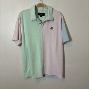 Teddy Fresh‎ Mens Polo Shirt M Terry Cloth Green Pink Pastel Streetwear